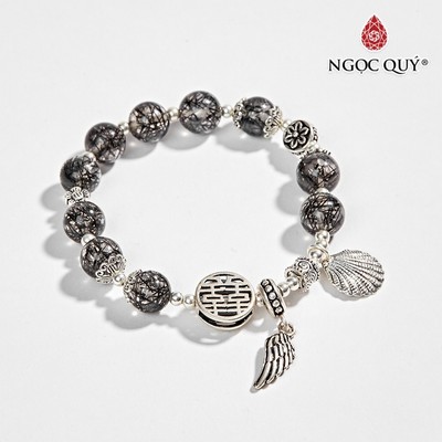 Vòng tay thạch anh tóc đen phối charm cánh S925 hạt 8mm Mẫu VC0579 - Ngọc Quý