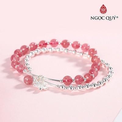 Vòng tay 2 line thạch anh dâu phối charm hoa S925 Mẫu VC0778 - Ngọc Quý