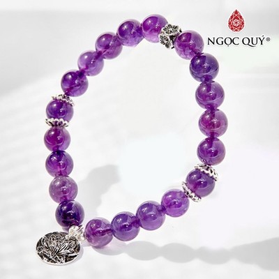 Vòng tay Thạch Anh Tím charm hoa sen Mẫu VC0112 - Ngọc Quý