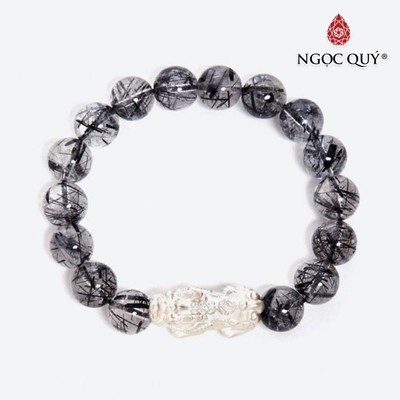 Vòng tay đá thạch anh tóc đen phối tỳ hưu S925 hạt 10mm Mẫu VC1287 - Ngọc Quý