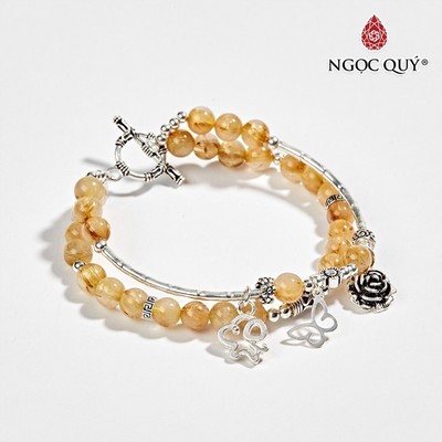 Vòng 2 line thạch anh tóc vàng phối charm hoa S925 hạt 6mm Mẫu VC0578 - Ngọc Quý
