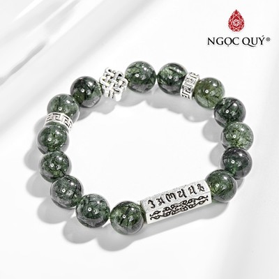 Vòng tay đá thạch anh tóc xanh phối charm kết đồng tâm S925 hạt 12mm Mẫu VC0558  - Ngọc Quý