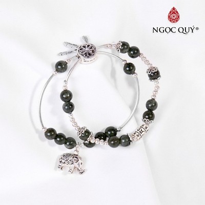 Vòng tay đôi thạch anh tóc xanh charm voi S925 hạt 6mm Mẫu VC0569 - Ngọc Quý