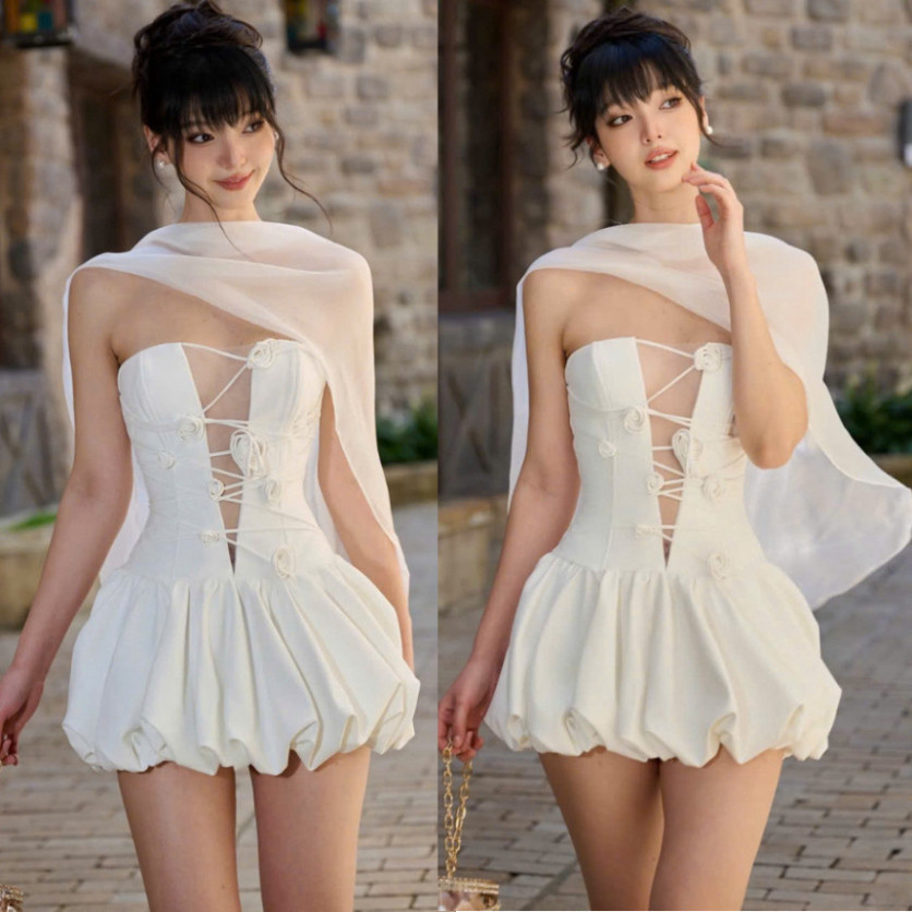 JOSÉ Boutique - Váy Cúp Ngực Đính Oze bánh Bèo ( Kem Khăn )