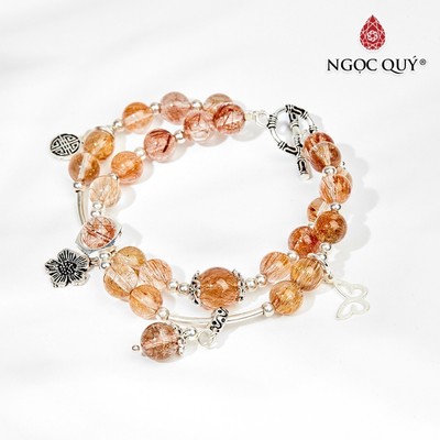 Vòng tay thạch anh tóc đỏ cam charm hoa hạt 7mm Mẫu VC0606 - Ngọc Quý