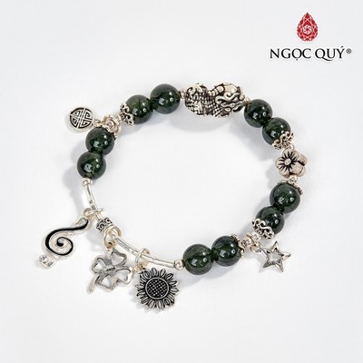 Vòng tay thạch anh tóc xanh phối charm hoa hướng dương hạt 8mm Mẫu VC0576 - Ngọc Quý