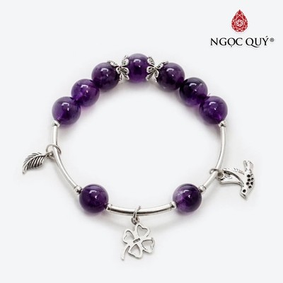 Vòng tay Thạch Anh Tím charm cỏ 4 lá Mẫu VC0164 - Ngọc Quý