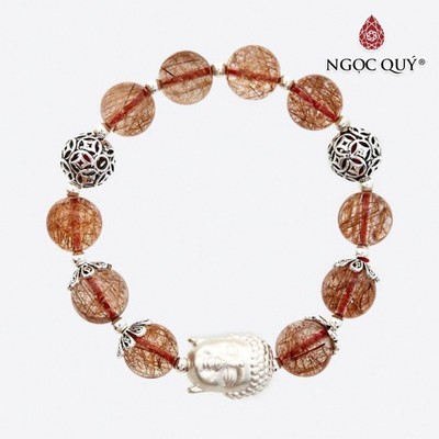 Vòng tay thạch anh tóc đỏ cam charm phật S925 hạt 12mm Mẫu VC0637 - Ngọc Quý