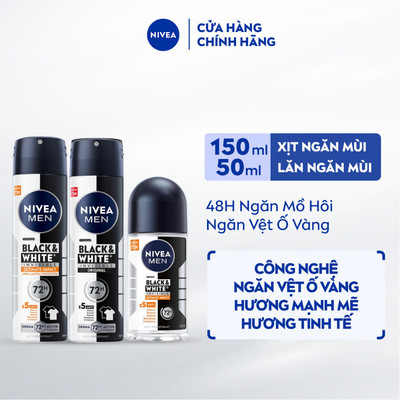 Bộ 3 Xịt + Lăn Ngăn Mùi NIVEA MEN Black&White Hương Mạnh Mẽ và Xịt Ngăn Mùi B&W Hương Tinh Tế 50ml - 85388+85392+82241