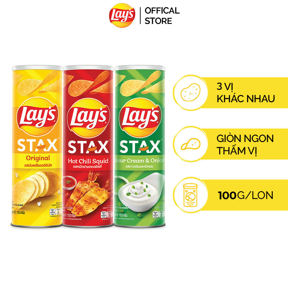 [Quà tặng]_Combo 3 Lay's Stax 100gr (Tự nhiên, Mực sốt cay, Kem chua hành)