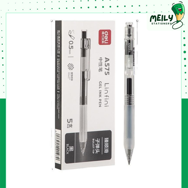 Bộ 5 bút Deli A575 ngòi 0.5mm có ruột refill S221 chính gốc mực đen tiện lợi dễ dàng sử dụng