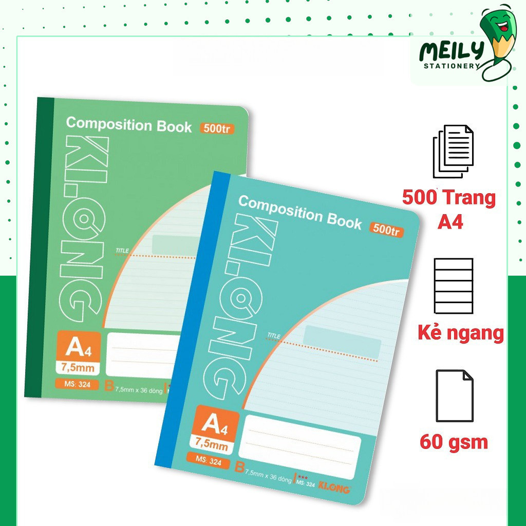 Vở may dán gáy A4 500 trang kẻ ngang Klong MS 324 Compostion Book MEILY, sổ giáo án
