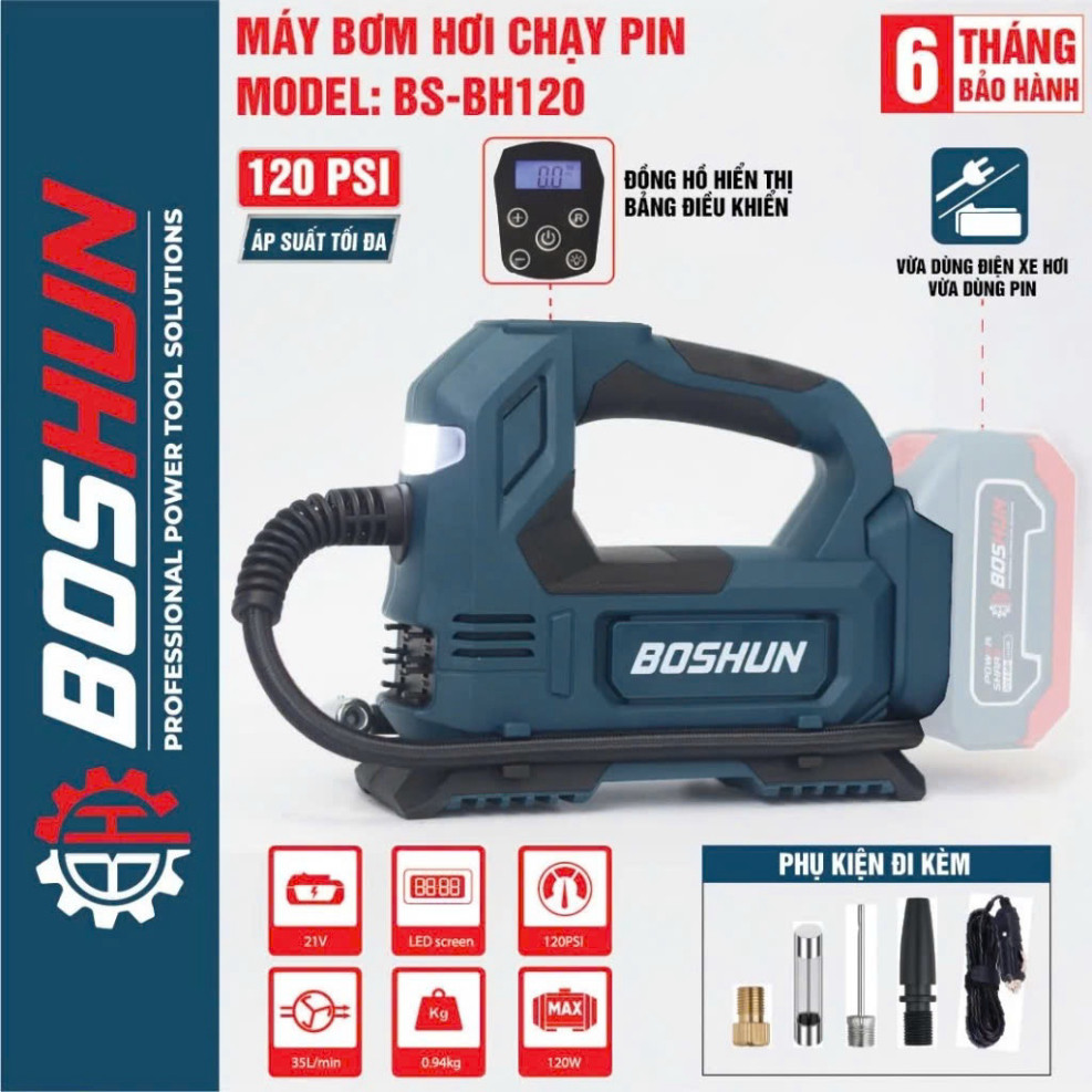 Máy bơm hơi pin BOSHUN BS-BH120, 120w, Nặng 940gram, Áp suất tối đa 120 psi, Màn hình led