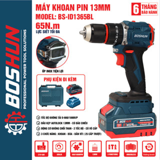  Hỏa Tốc Máy khoan pin BOSHUN ID1365BL 3 Chức năng: Vít Khoan Búa; Lực 65Nm Đầu kẹp 13mm Không Chổi Than 