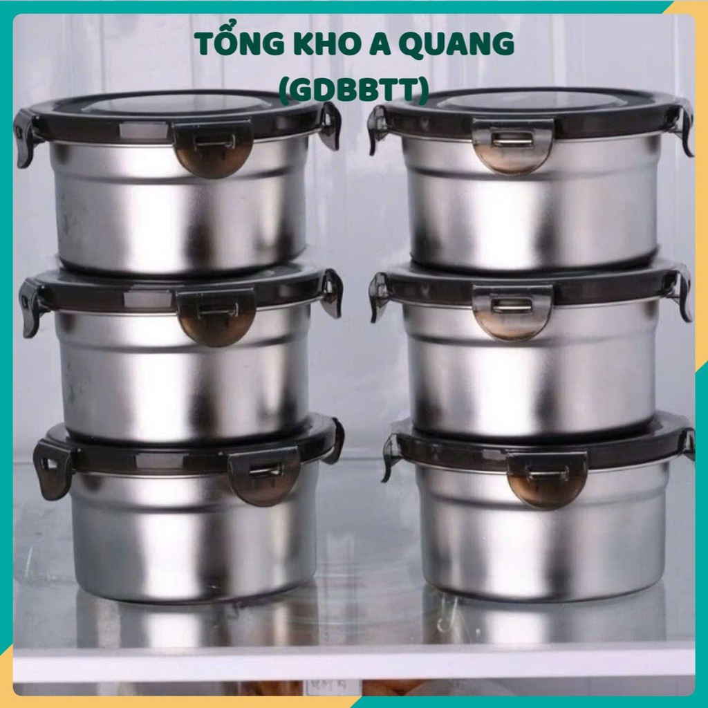 Hộp inox hình tròn dùng để đựng thực phẩm tiện lợi có kèm nắp,  SET 4 HỘP INOX NẮP ĐEN - HOP022