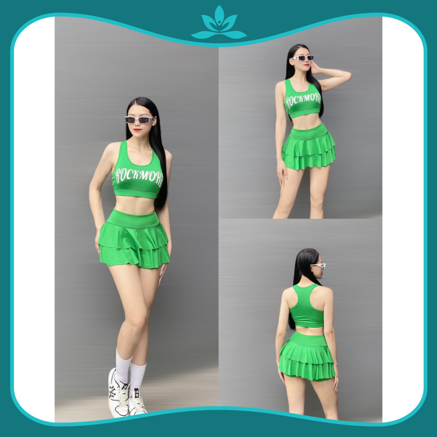 Set tập gym yoga aerobic áo bra Rockmore váy 2 tầng, đồng phục nhóm nhảy, đi biển, dân vũ