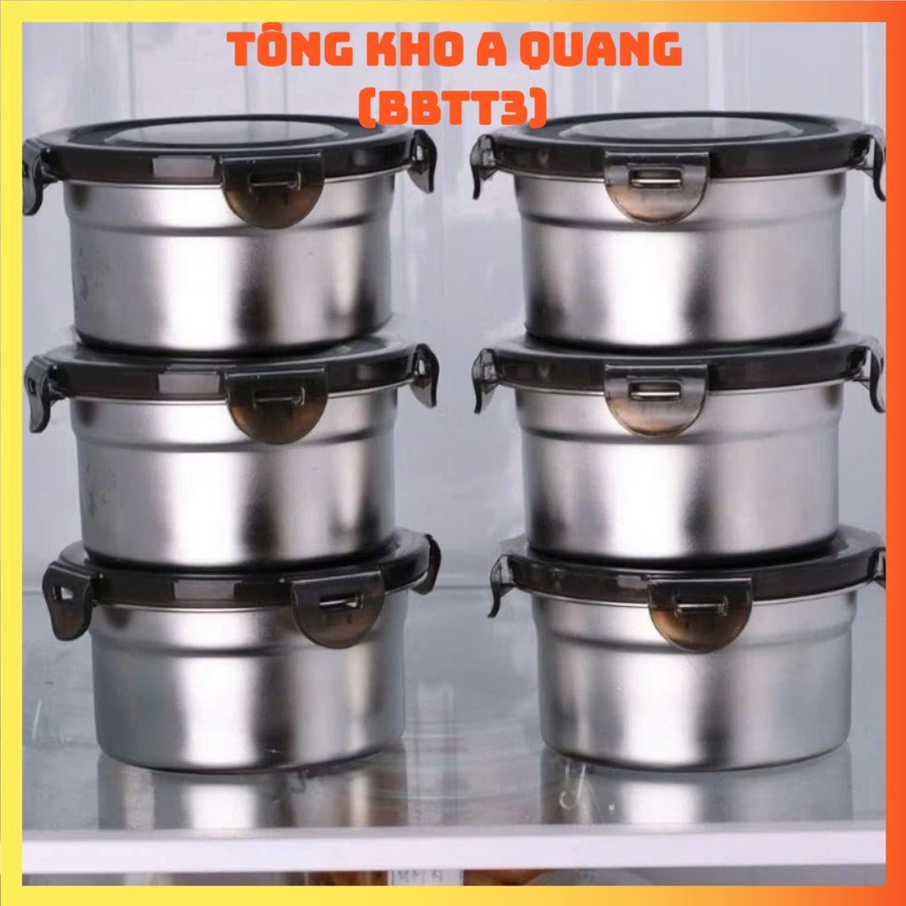 Hộp inox hình tròn dùng để đựng thực phẩm tiện lợi có kèm nắp,  SET 4 HỘP INOX NẮP ĐEN - HOP022
