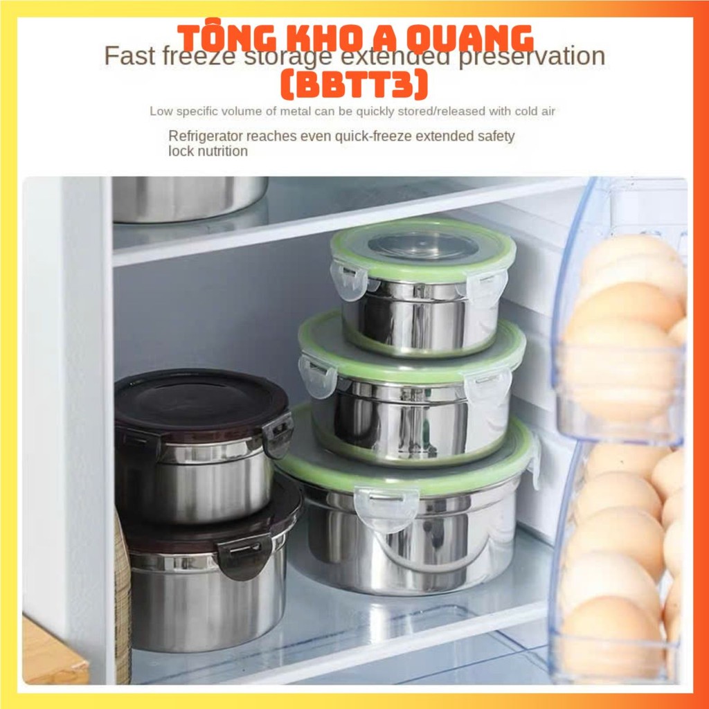 Hộp inox hình tròn dùng để đựng thực phẩm tiện lợi có kèm nắp,  SET 4 HỘP INOX NẮP ĐEN - HOP022