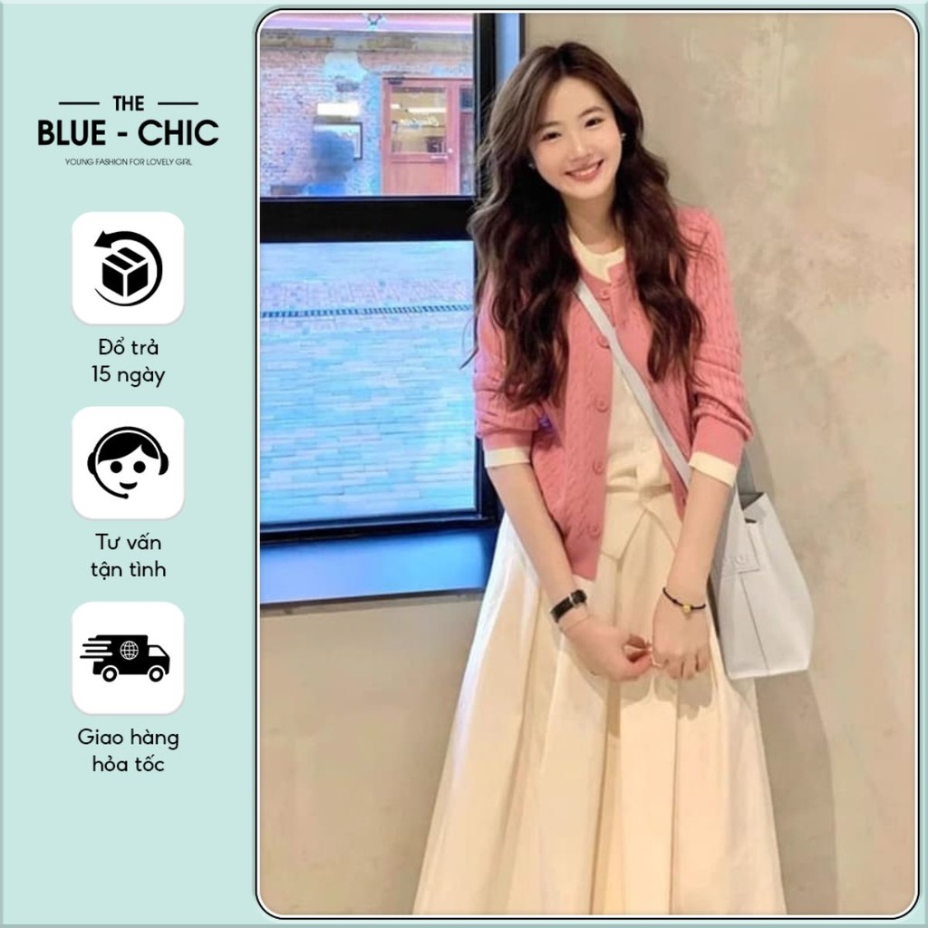 Set váy nữ Lawan áo len cardigan hồng phấn phối chân váy kaki dài tiểu thư thanh lịch - Blue Chic