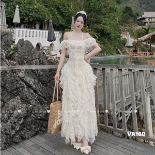váy tiểu thư sang chảnh,váy ren bèo trễ vai dáng dài M148