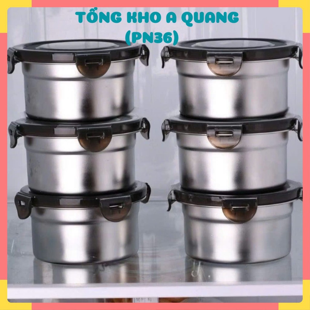Hộp inox hình tròn dùng để đựng thực phẩm tiện lợi có kèm nắp,  SET 4 HỘP INOX NẮP ĐEN - HOP022