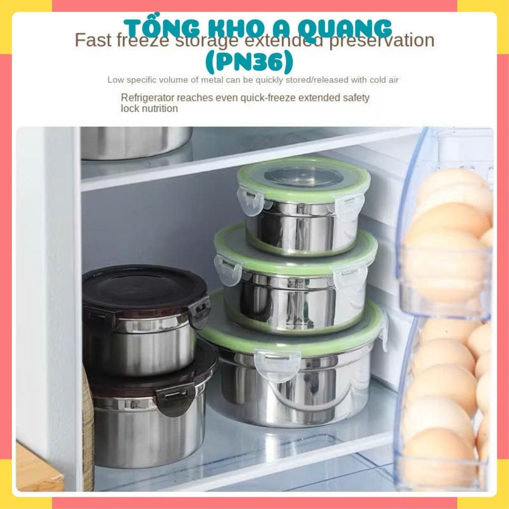 Hộp inox hình tròn dùng để đựng thực phẩm tiện lợi có kèm nắp,  SET 4 HỘP INOX NẮP ĐEN - HOP022