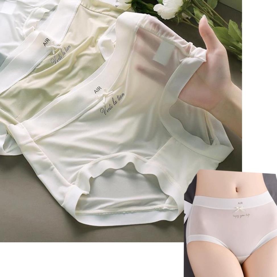 Set 10 quần lót nữ cạp cao viền su chất lụa băng Air mềm mịn mát, có che tên sản phẩm.