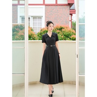 Đầm xếp ly tay ngắn thiết kế dáng dài trơn phối đai thanh lịch Orchid - BH10X933