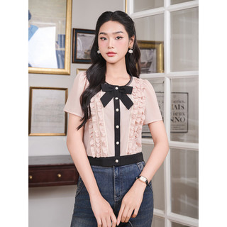 Áo sơ mi chiffon cổ tròn phối ren Orchid - BH2C636