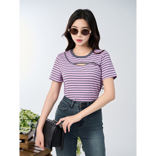Áo thun cotton cổ tròn họa tiết kẻ Orchid - BHG2B791
