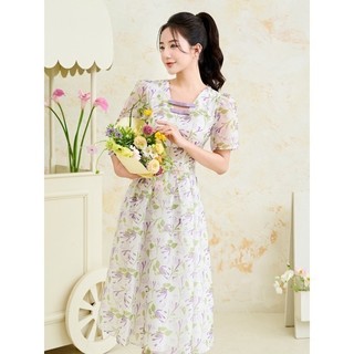 Đầm tơ hoa tím dáng xòe cộc tay tiểu thư Orchid - OH10X577