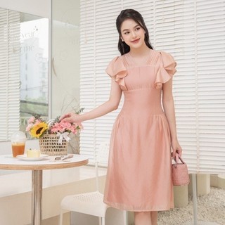 Đầm nữ dự tiệc hồng cổ V tay bèo cách điệu chất liệu tơ mềm dáng xòe tiểu thư Orchid - AH10X042