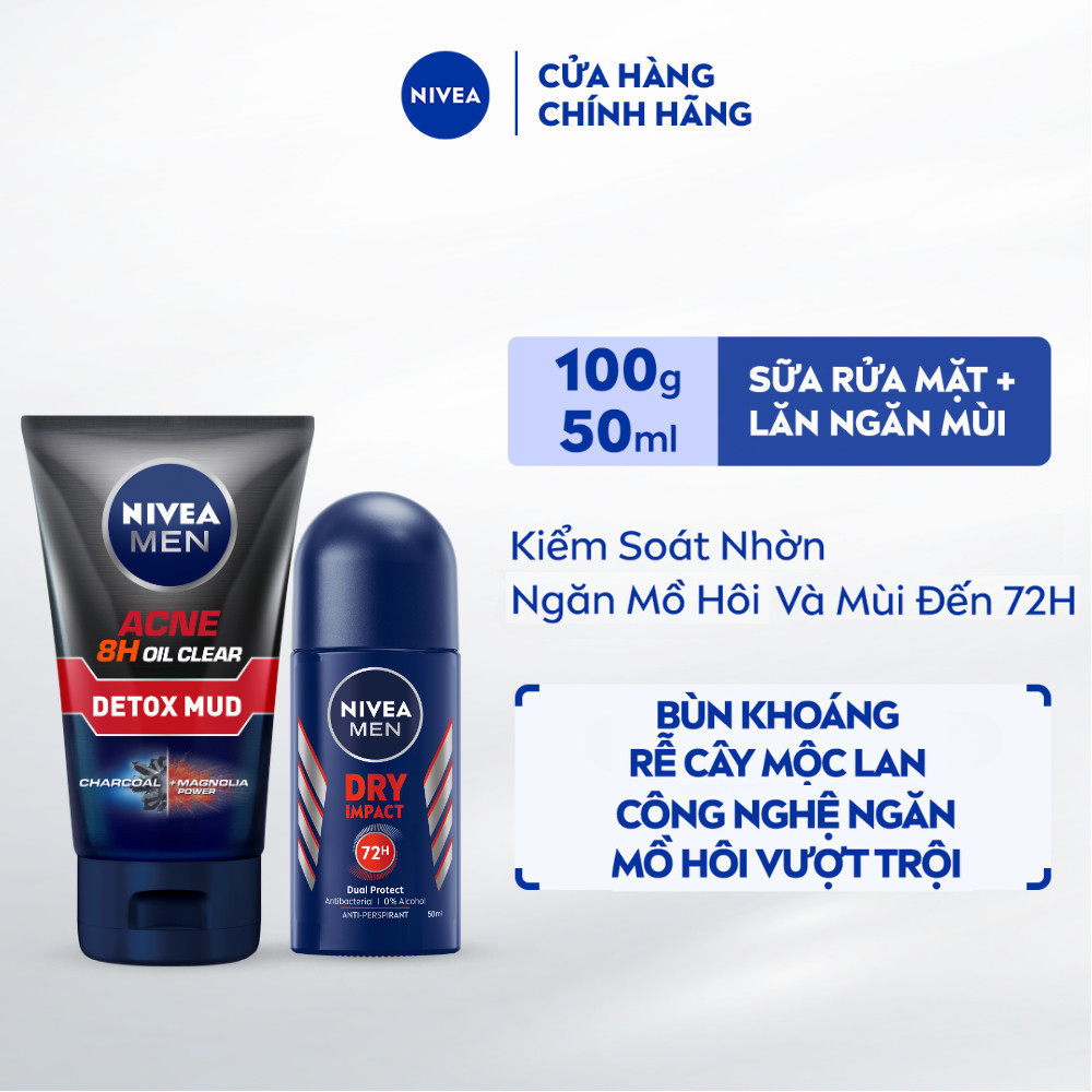Bộ Đôi Sữa Rửa Mặt NIVEA MEN Acne Oil Clear Bùn Khoáng (100 g) + Lăn Ngăn Mùi NIVEA MEN Khô Thoáng (