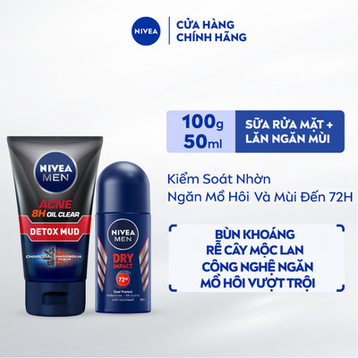 Bộ Đôi Sữa Rửa Mặt NIVEA MEN Acne Oil Clear Bùn Khoáng (100 g) + Lăn Ngăn Mùi NIVEA MEN Khô Thoáng (50 ml) - 83940+81610
