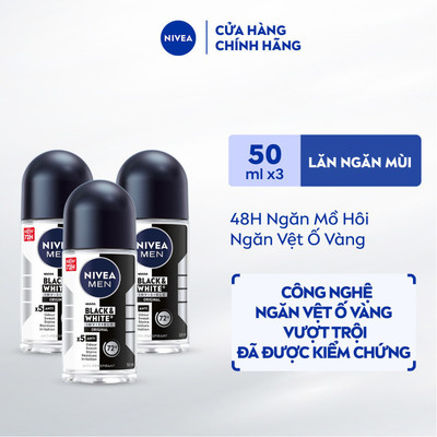 Bộ 3 Lăn Ngăn Mùi NIVEA MEN Black&White Ngăn Vệt Ố Vàng Vượt Trội | Hương Nam Tính (50 ml) - 82245x3