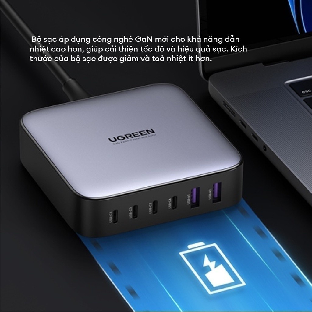 Củ sạc máy tính/ điện thoại UGREEN 200W CD271 Nexode|GaN II|6 cổng sạc nhanh |Free cáp USB C to C|BH 18 tháng 1 đổi 1 40 | BigBuy360 - bigbuy360.vn