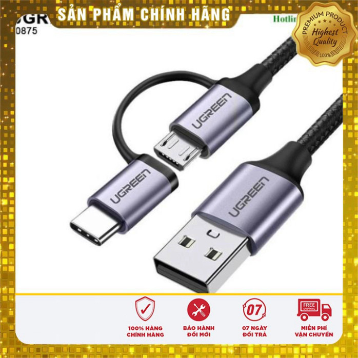 Cáp sạc, dữ liệu 2 in 1 USB A sang USB Micro + Type-C dài 1M Ugreen 30875