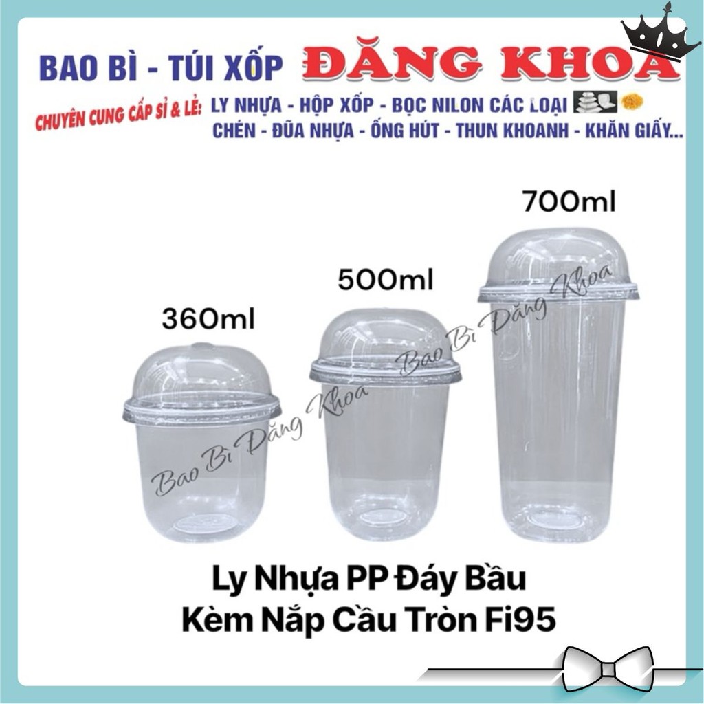 50 Ly Nhựa Đáy bầu kèm Nắp Cầu Tròn. Ly nhựa Đáy Bầu 360ml/500ml/700ml Kèm Nắp Fi95