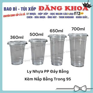  50 Ly Nhựa PP Trơn Đáy Bằng Cao Cấp 360ml 500ml 650ml 700ml Kèm Nắp Bằng Pet Fi95 