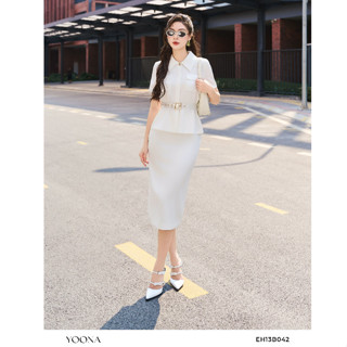 Set bộ thiết kế áo cổ bẻ kèm đai thắt eo phối chân váy dáng dài YOONA - EH13B042