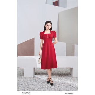 Đầm dáng xòe thiết kế cổ vuông phối tay bồng chất đũi xước - YOONA - NHN10X566