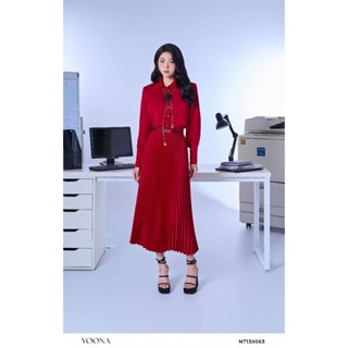 Set bộ thiết kế áo sơ mi cổ bẻ tay dài phối chân váy dập ly dáng dài có đai cách điệu chất lụa queen YOONA - NT13X063