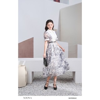 Đầm thiết kế dáng dài họa tiết phối cổ bẻ tay cộc chất tơ ánh nhũ - YOONA - NH10X642