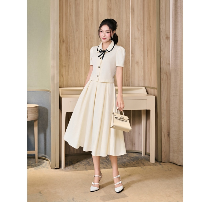 Set bộ  áo tay ngắn phối chân váy dáng dài chất twill silk họa tiết hoa trà nổi YOONA - EH13A314