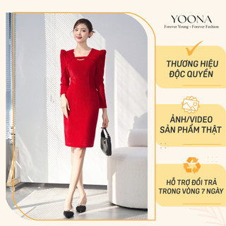 Đầm nữ bút chì dáng ôm cổ tròn phối tay bồng chất nhung len YOONA - YD12B264