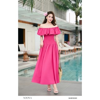 Đầm thiết kế trễ vai bo chun dáng dài mặc đi tiệc đi biển chất tơ dập nhăn sang chảnh YOONA - NHB10X587
