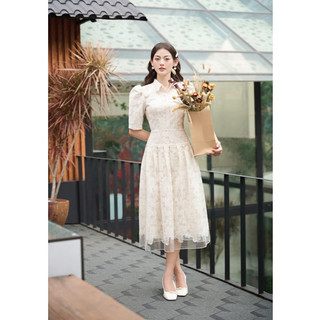 Đầm thiết kế cổ sơ mi tay bồng kết hợp chân váy xòe chất ren hoa - YOONA - NT11X062