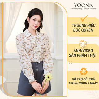 Áo thiết kế cổ bẻ phối nơ tay dài cổ tay có bèo cách điệu chất voan YOONA - NH4S272