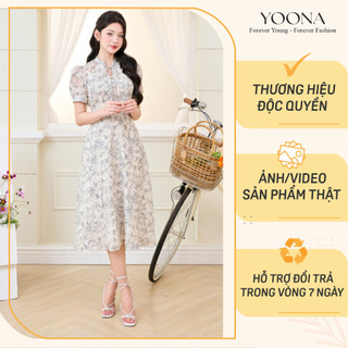 Đầm thiết kế họa tiết hoa hồng đen tay bồng cổ thắt nơ dáng xòe chất tơ - YOONA - EH10X581