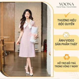 Đầm thiết kế kẻ hồng tay ngắn cổ phối nơ trắng dáng dài xòe nhẹ YOONA - NH10X003KHO1